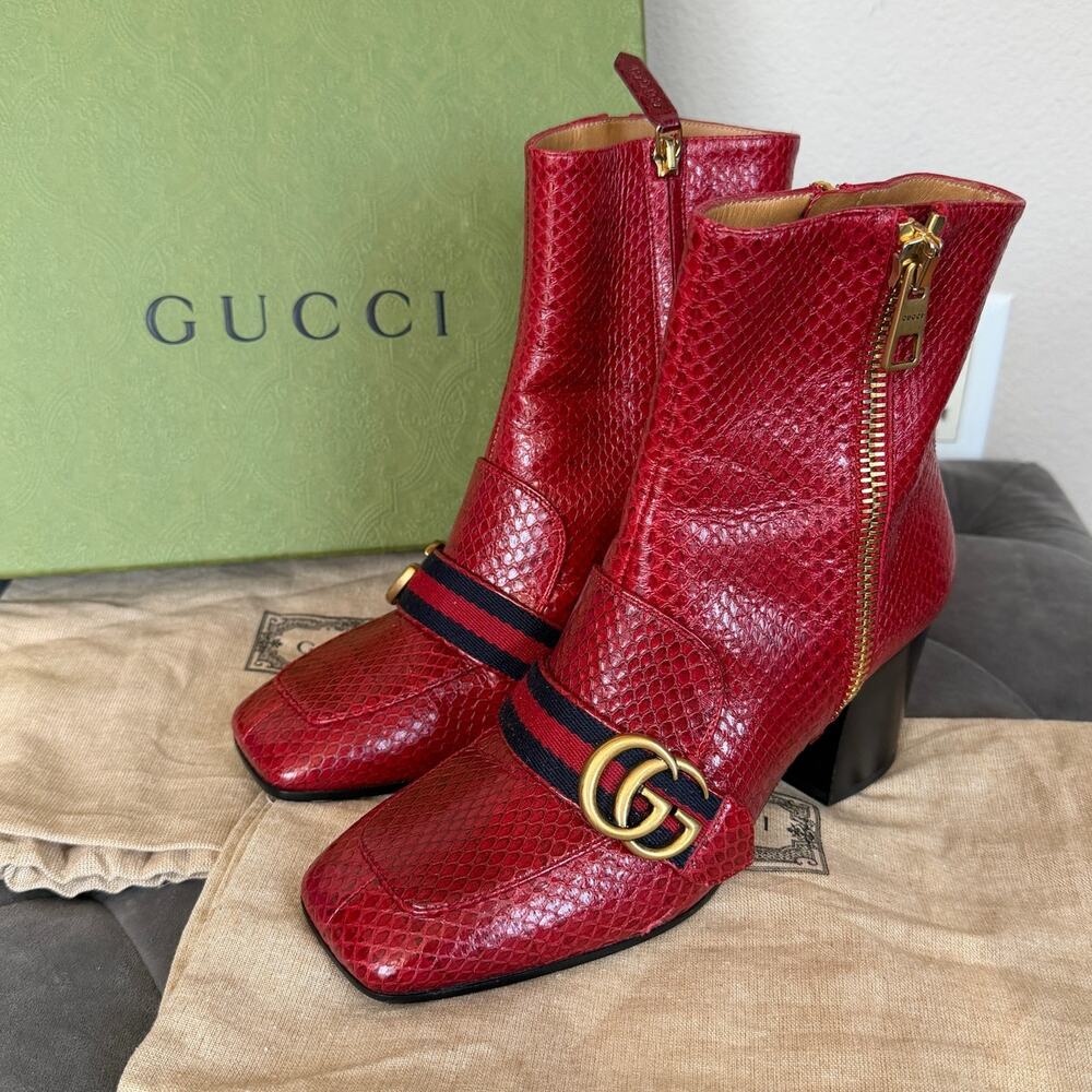 Gucci GG Red Python Marmont Block Heel Boots Size 36.5